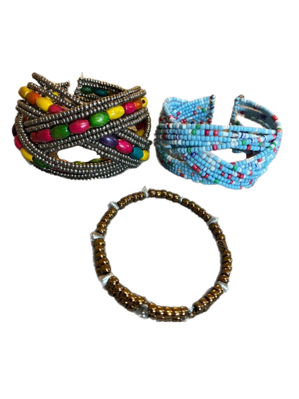 3 Bohemian Beaded Open-Cuff Bracelets Multicolor/Turquoise Set Hippie Gypsy Boho